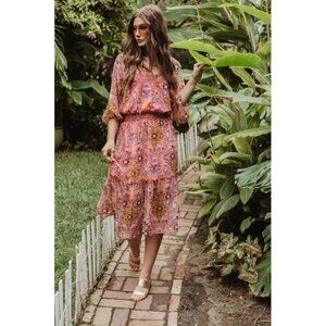 Veronica M Pratt Pink Floral Smocked Midi Dress S